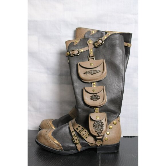 Two Tone Brown Zipper Boots with Pockets - Picture 3 of 7